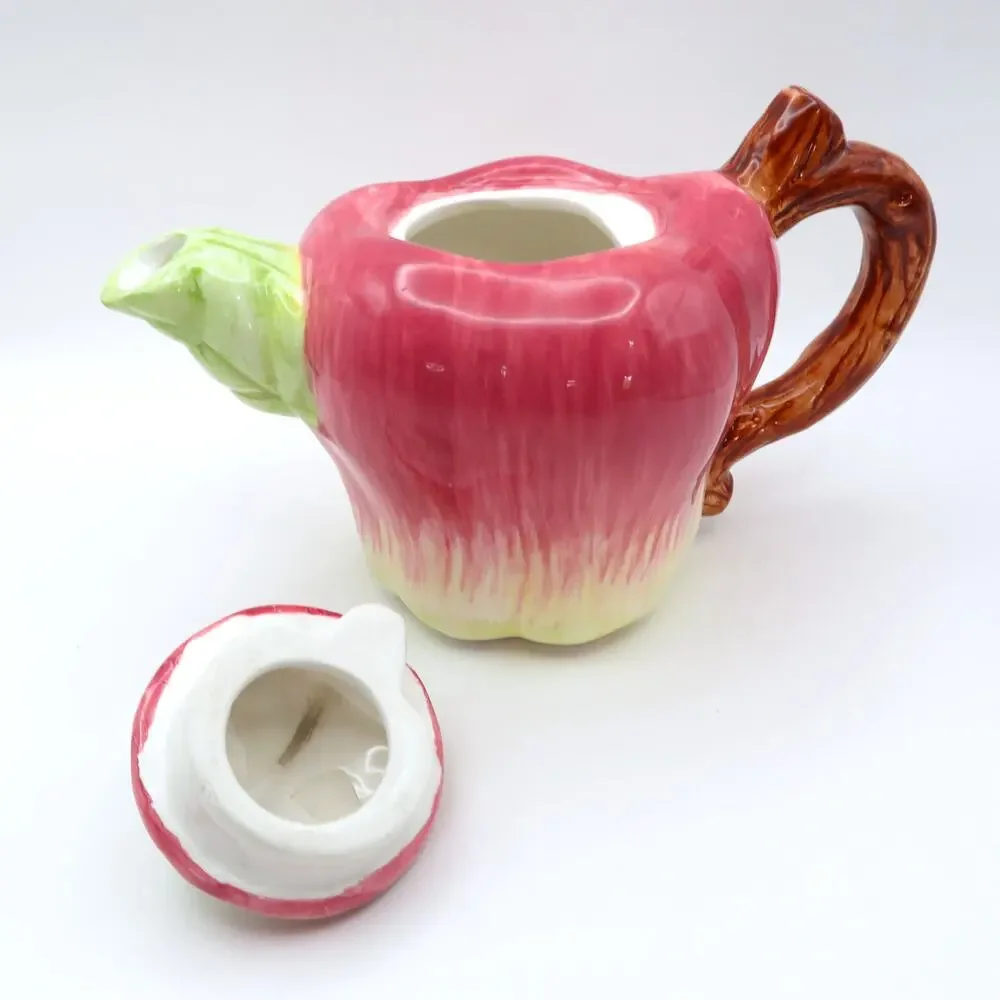 Vintage Apple Shaped Ceramic Teapot Single Serve Reddish Pink and Green 8 Oz